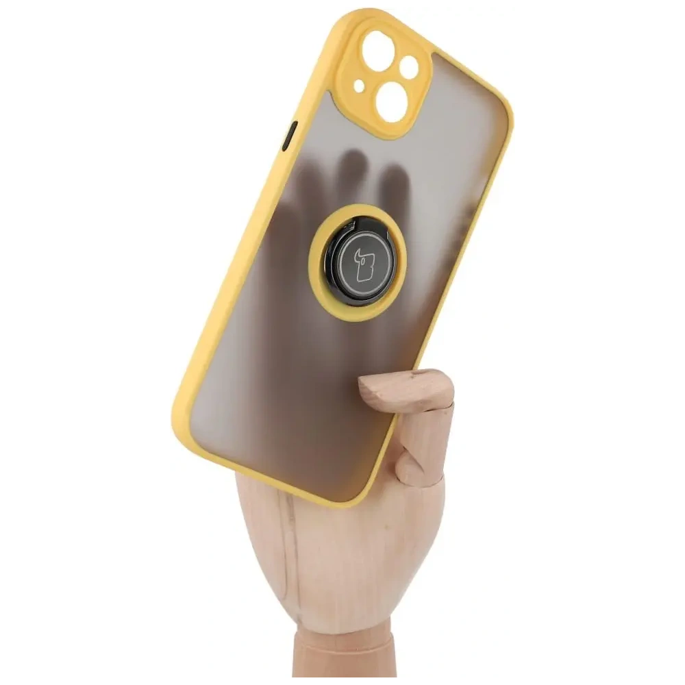 Hurtownia GSM - Etui z uchwytem na palec Bizon Case Hybrid Ring do Apple iPhone 14 Plus przydymione z żółtą ramką - BIZ200 - {ean13} - Hurt