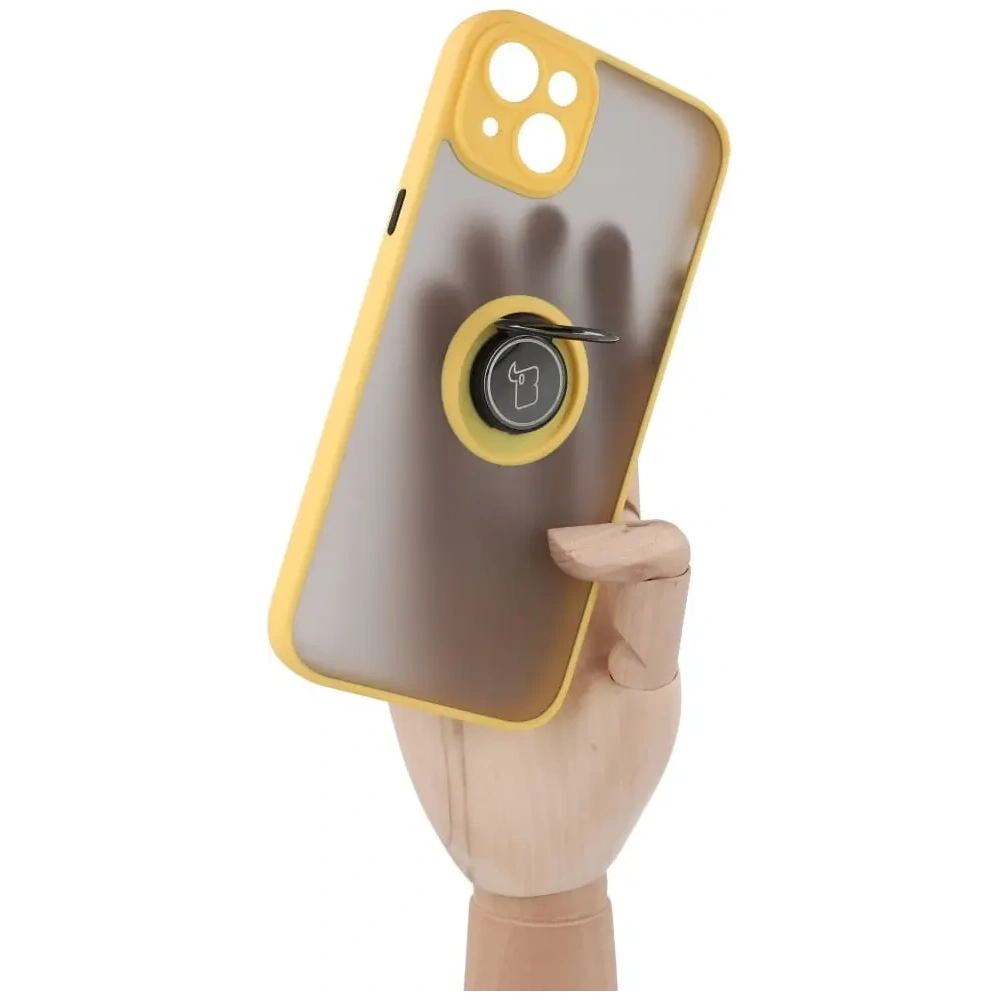 Hurtownia GSM - Etui z uchwytem na palec Bizon Case Hybrid Ring do Apple iPhone 14 Plus przydymione z żółtą ramką - BIZ200 - {ean13} - Hurt