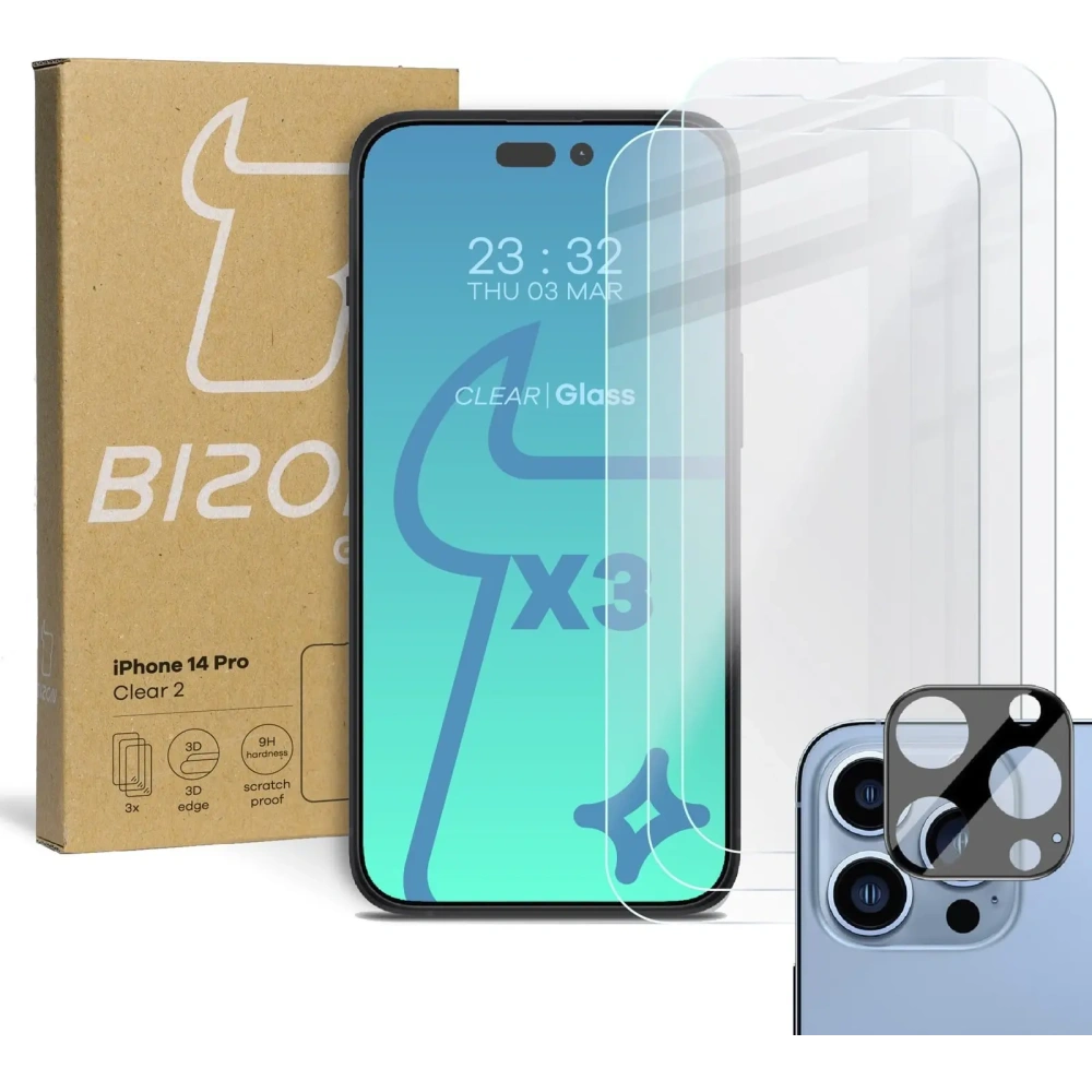 Hurtownia GSM - BIZON 3x sticlă de ecran + sticlă pentru cameră Apple iPhone 14 Pro - BIZ232 - {ean13} - Hurt