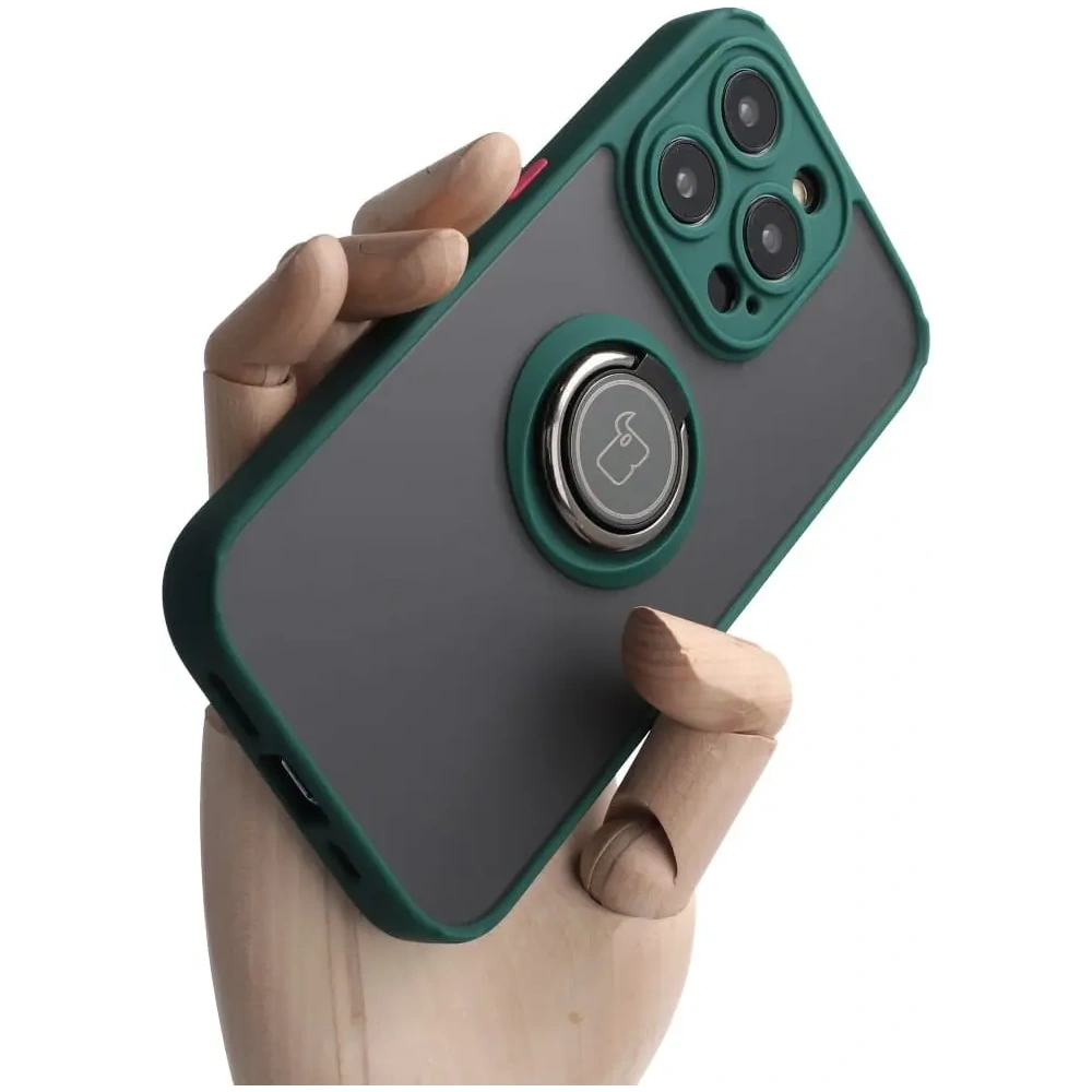 Hurtownia GSM - Etui z uchwytem na palec Bizon Case Hybrid Ring do Apple iPhone 14 Pro kouřové s tmavozeleným rámem - BIZ233 - {ean13} - Hurt