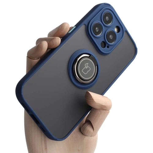 Etui z uchwytem na palec Bizon Case Hybrid Ring do Apple iPhone 14 Pro przydymione z granatową ramką