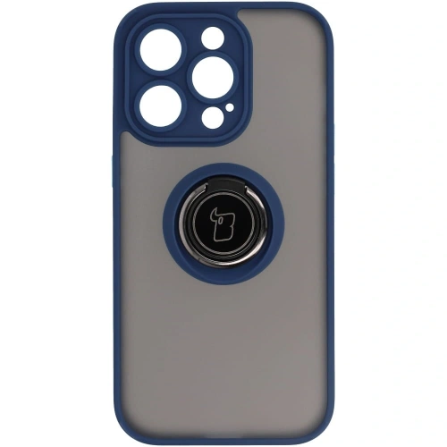 Etui z uchwytem na palec Bizon Case Hybrid Ring do Apple iPhone 14 Pro przydymione z granatową ramką
