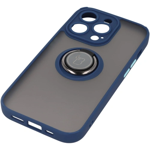 Etui z uchwytem na palec Bizon Case Hybrid Ring do Apple iPhone 14 Pro przydymione z granatową ramką