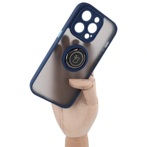 Etui z uchwytem na palec Bizon Case Hybrid Ring do Apple iPhone 14 Pro przydymione z granatową ramką