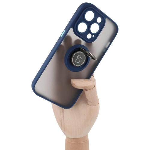 Etui z uchwytem na palec Bizon Case Hybrid Ring do Apple iPhone 14 Pro przydymione z granatową ramką