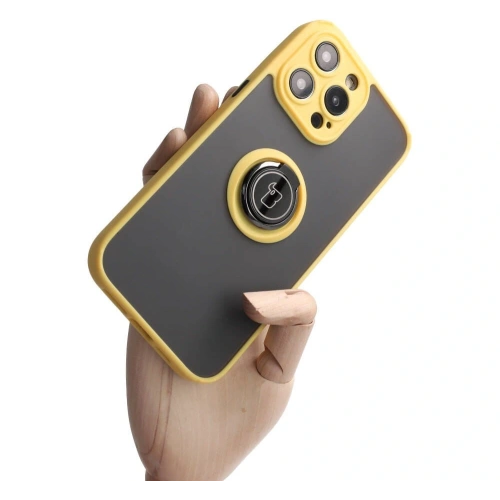 Etui z uchwytem na palec Bizon Case Hybrid Ring do Apple iPhone 14 Pro Max przydymione z żółtą ramką