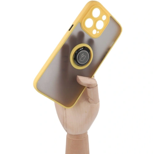Etui z uchwytem na palec Bizon Case Hybrid Ring do Apple iPhone 14 Pro Max przydymione z żółtą ramką
