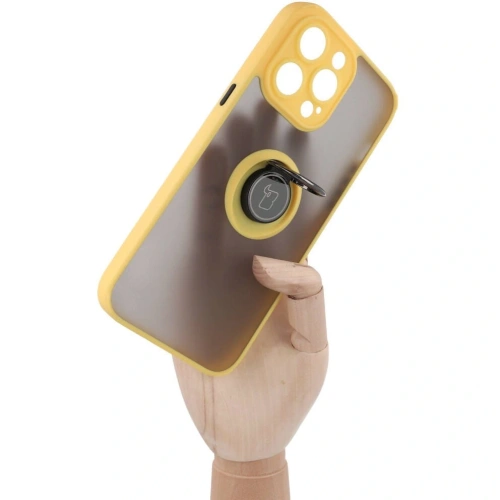 Etui z uchwytem na palec Bizon Case Hybrid Ring do Apple iPhone 14 Pro Max przydymione z żółtą ramką