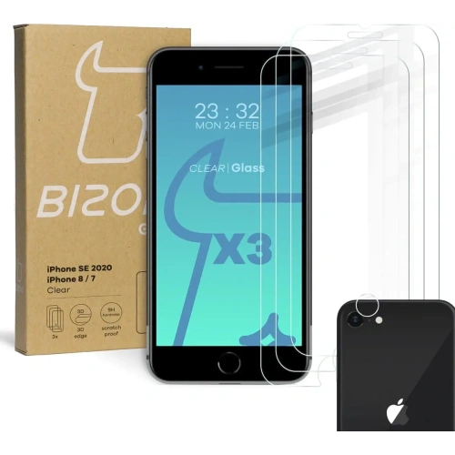 Szkło hartowane Bizon Glass Clear - 3 szt. + obiektyw Apple iPhone SE 2022/2020 8/7