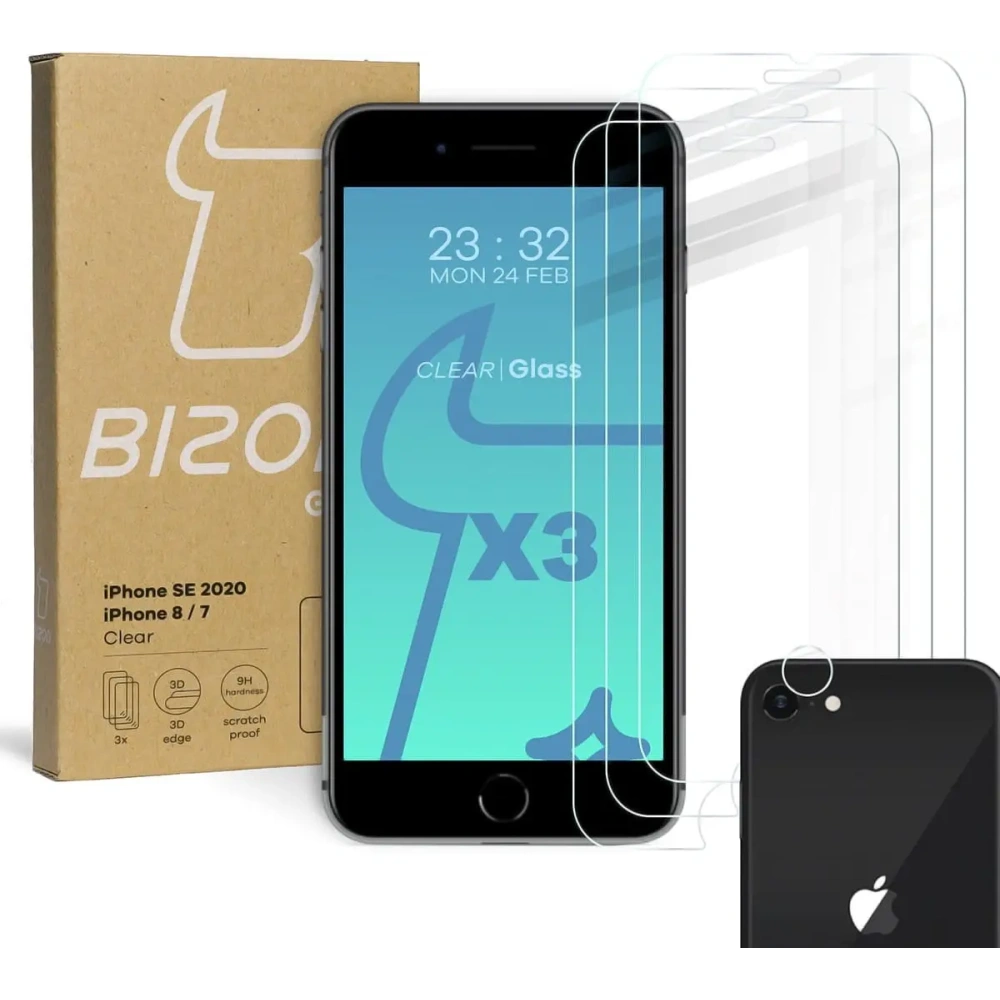 Hurtownia GSM - Bizon Glas Klar gehärtetes Glas - 3 Stück + Linsenglas Apple iPhone SE 2022/2020 8/7 - BIZ275 - {ean13} - Hurt