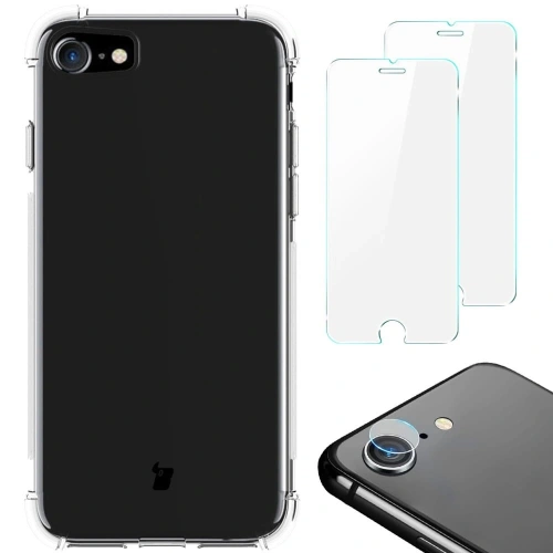Etui + 2x szkło na ekran + obiektyw Bizon Case Clear Pack do Apple iPhone SE 2022/2020 8/7 przezroczyste