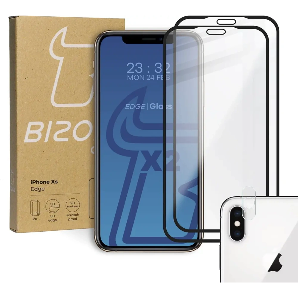 Wholesale Bizon Glass Edge tempered glass - [2 PACK] + lens protection Apple iPhone Xs / X black - BIZ283 - {ean13} - Hurt