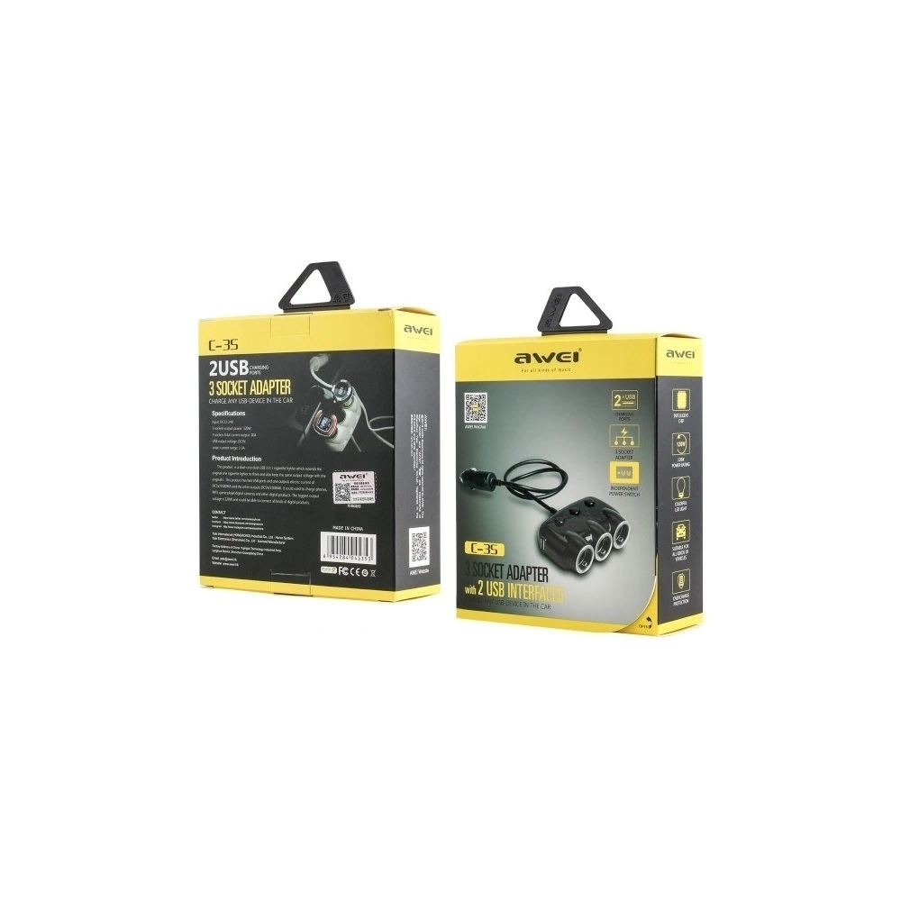 Hurtownia GSM - AWEI rozgałęźnik samochodowy C-35 3 gniazda zapalniczki 12V + 2 USB, rozdzielacz czarny/black - AWEI006BLK - {ean13} - Hurt