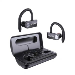 Căști Bluetooth 5.0 AWEI T22 TWS + stație de docare/bancă de alimentare 1500mAh negru.