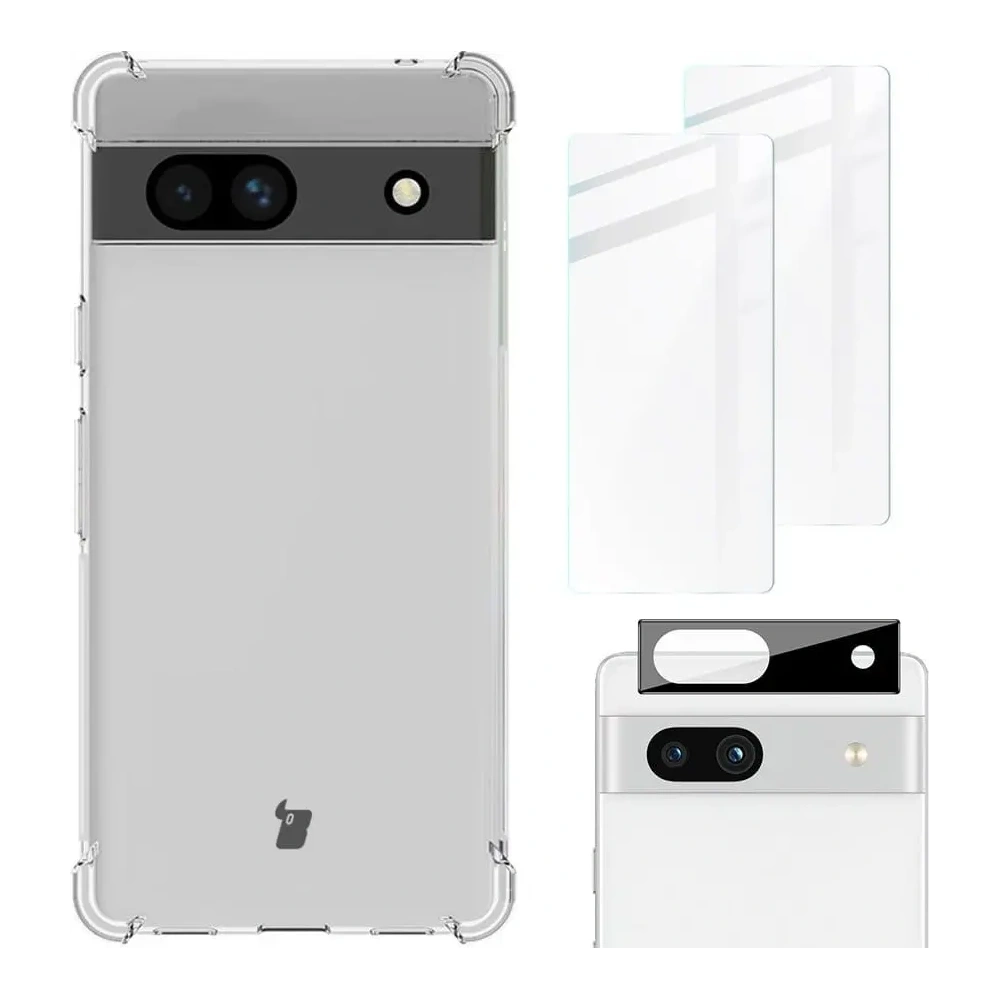 Hurtownia GSM - Caz Bizon Clear Pack + 2x sticlă de ecran + sticlă de lentilă Google Pixel 7A clar - BIZ358 - {ean13} - Hurt