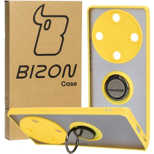Etui z uchwytem na palec Bizon Case Hybrid Ring do Honor Magic5 Lite przydymione z żółtą ramką