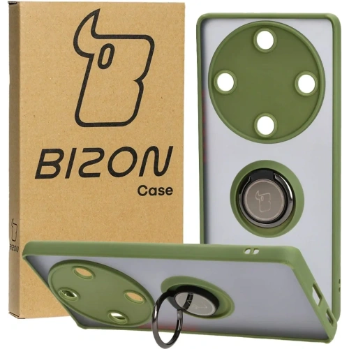 Etui z uchwytem na palec Bizon Case Hybrid Ring do Honor Magic5 Lite przydymione z zieloną ramką
