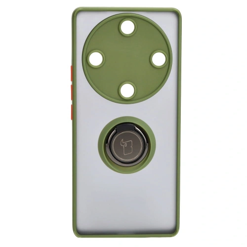 Etui z uchwytem na palec Bizon Case Hybrid Ring do Honor Magic5 Lite przydymione z zieloną ramką