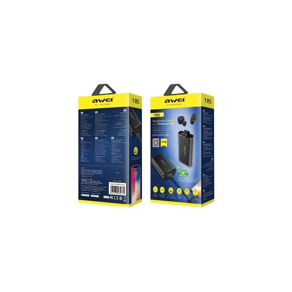 Hurtownia GSM - AWEI słuchawki Bluetooth 5.0 T85 TWS + stacja dokująca/power bank 1800mAh czarny/black - AWEI019BLK - {ean13} - Hurt