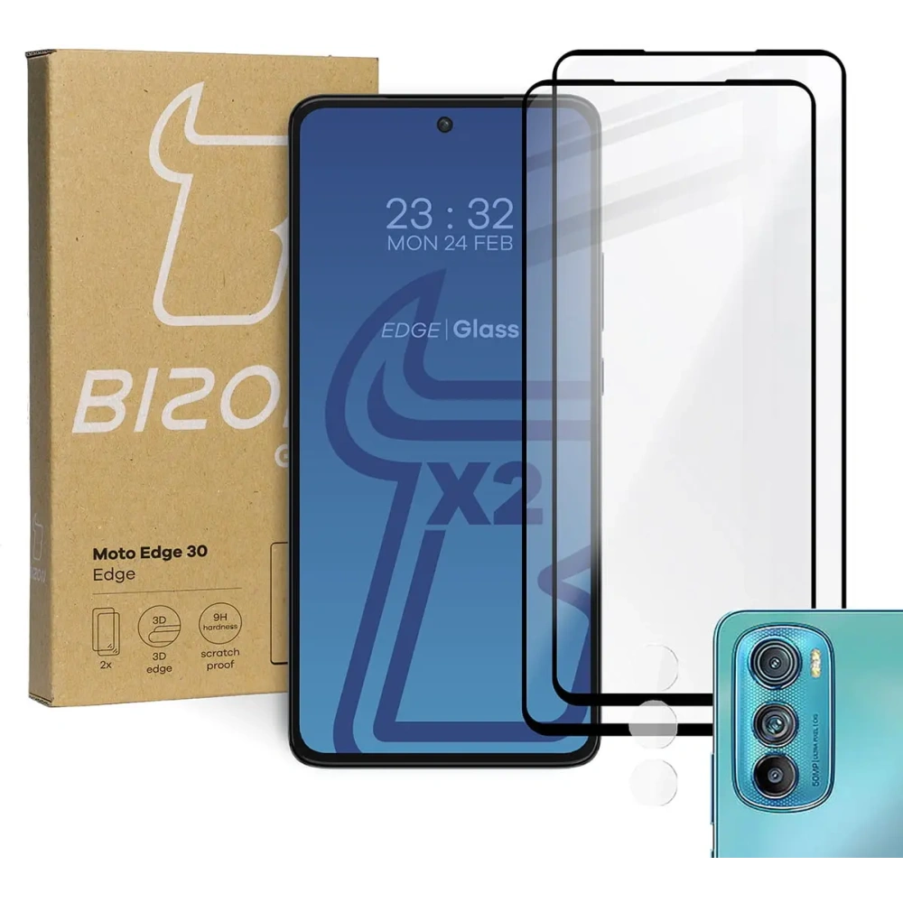 Wholesale Bizon Glass Edge tempered glass - [2 PACK] + lens protection Motorola Edge 30 black - BIZ450 - {ean13} - Hurt