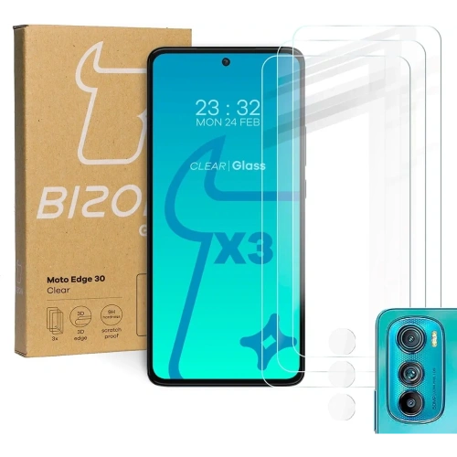 Szkło hartowane Bizon Glass Clear - 3 szt. + obiektyw Motorola Edge 30