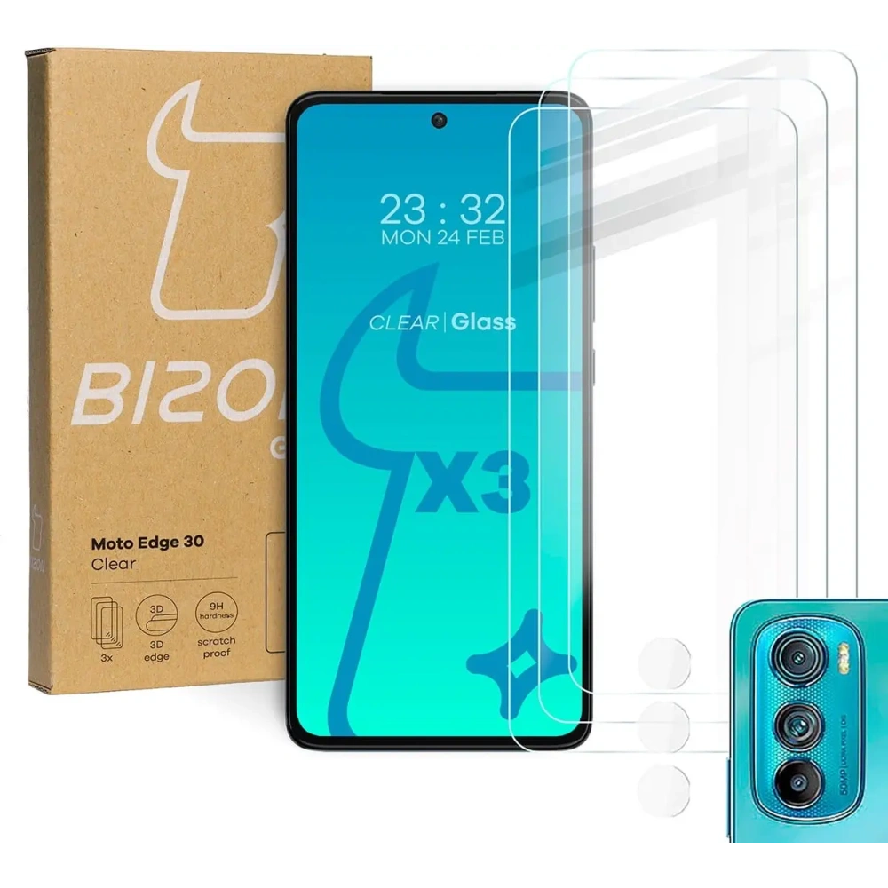 Wholesale Bizon Glass Clear tempered glass - 3 pcs. + lens glass Motorola Edge 30 - BIZ454 - {ean13} - Hurt