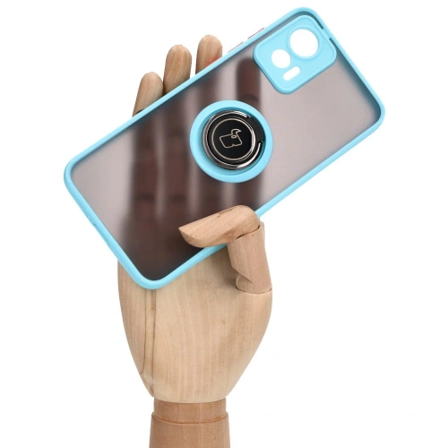 Etui z uchwytem na palec Bizon Case Hybrid Ring do Motorola Edge 30 Neo przydymione z jasnoniebieską ramką