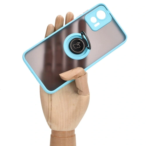 Etui z uchwytem na palec Bizon Case Hybrid Ring do Motorola Edge 30 Neo przydymione z jasnoniebieską ramką