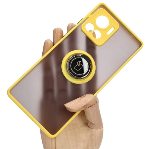 Etui z uchwytem na palec Bizon Case Hybrid Ring do Motorola Edge 30 Ultra przydymione z żółtą ramką