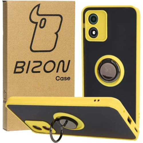 Etui z uchwytem na palec Bizon Case Hybrid Ring do Motorola Moto E13 przydymione z żółtą ramką