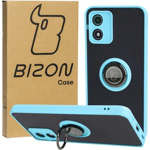 Etui z uchwytem na palec Bizon Case Hybrid Ring do Motorola Moto E13 przydymione z jasnoniebieską ramką