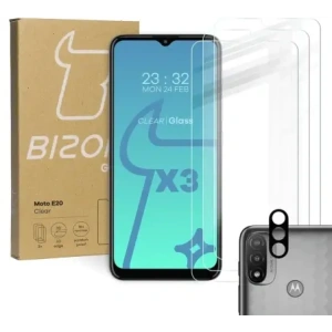 Hurtownia GSM - Bizon Glass Sticlă călită transparentă - 3 buc. + sticlă lentilă Moto E20 - BIZ489 - {ean13} - Hurt