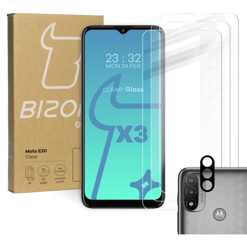 Szkło hartowane Bizon Glass Clear - 3 szt. + obiektyw Moto E20