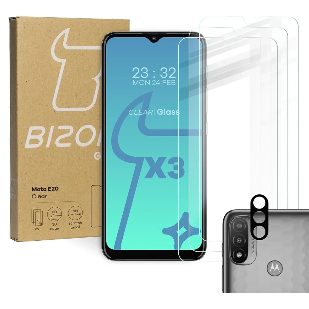 Hurtownia GSM - Bizon Glass Sticlă călită transparentă - 3 buc. + sticlă lentilă Moto E20 - BIZ489 - {ean13} - Hurt