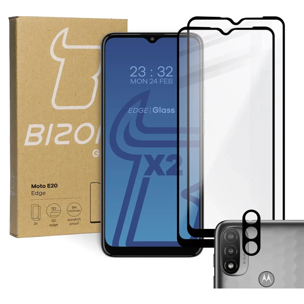 Hurtownia GSM - Tvrzené sklo Bizon Glass Edge - [2 PACK] + ochrana na objektiv Moto E20 - BIZ490 - {ean13} - Hurt