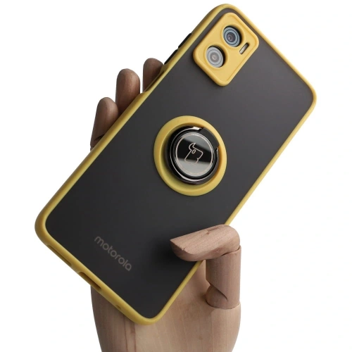 Etui z uchwytem na palec Bizon Case Hybrid Ring do Motorola Moto E22 / E22i przydymione z żółtą ramką