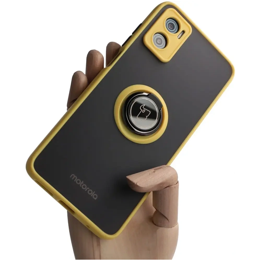 Hurtownia GSM - Etui s úchytem na prst Bizon Case Hybrid Ring pro Motorola Moto E22 / E22i kouřové se žlutým rámečkem - BIZ497 - {ean13} - Hurt