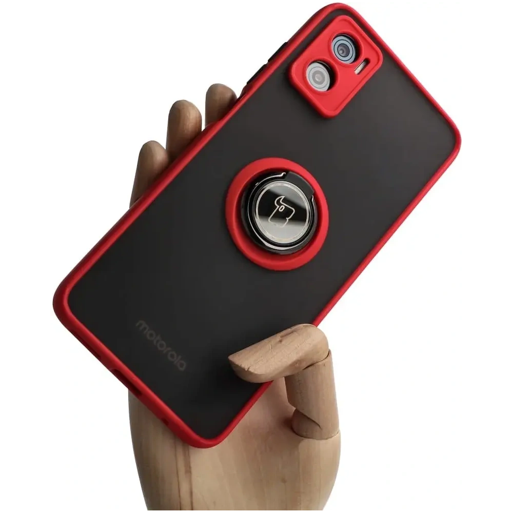 Hurtownia GSM - Etui s úchopem na prst Bizon Case Hybrid Ring pro Motorola Moto E22 / E22i kouřové s červeným rámem - BIZ498 - {ean13} - Hurt