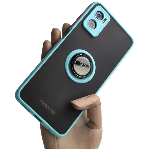 Etui z uchwytem na palec Bizon Case Hybrid Ring do Motorola Moto E22 / E22i przydymione z jasnoniebieską ramką
