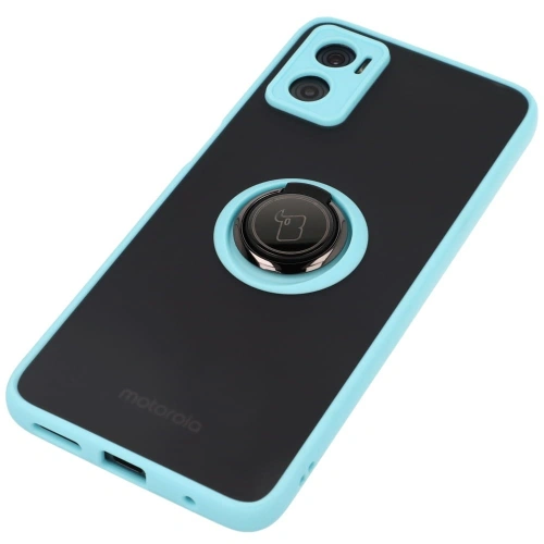 Etui z uchwytem na palec Bizon Case Hybrid Ring do Motorola Moto E22 / E22i przydymione z jasnoniebieską ramką