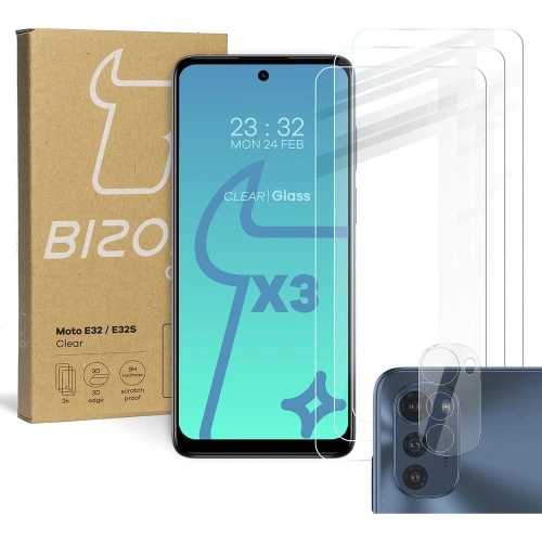 Szkło hartowane Bizon Glass Clear - 3 szt. + obiektyw Motorola Moto E32 / E32s