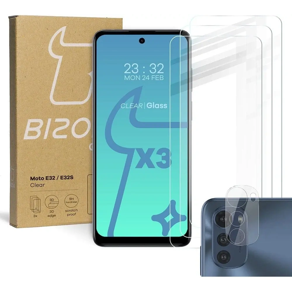 Hurtownia GSM - Bizon Glass Sticlă securizată transparentă - 3 buc. + sticlă lentilă Motorola Moto E32 / E32s - BIZ501 - {ean13} - Hurt