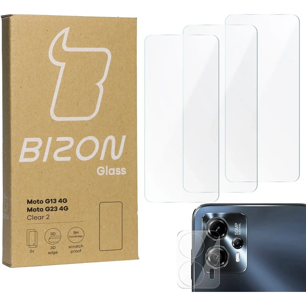 Hurtownia GSM - 3x Sklo na displej + sklo na fotoaparát BIZON Clear 2 do Moto G13/G23 4G - BIZ512 - {ean13} - Hurt