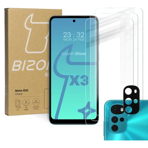 Szkło hartowane Bizon Glass Clear - 3 szt. + obiektyw Motorola Moto G22