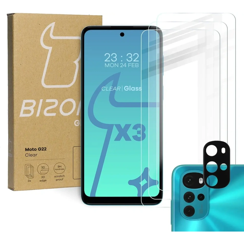 Hurtownia GSM - Bizon-Glas Klarglas gehärtetes Glas - 3 Stk. + Linsenglas Motorola Moto G22 - BIZ522 - {ean13} - Hurt