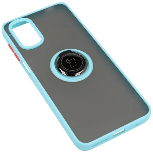 Etui z uchwytem na palec Bizon Case Hybrid Ring do Motorola Moto G22 / E32 / E32s przydymione z jasnoniebieską ramką