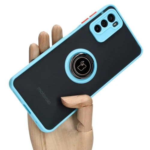 Etui z uchwytem na palec Bizon Case Hybrid Ring do Motorola Moto G42  przydymione z jasnoniebieską ramką