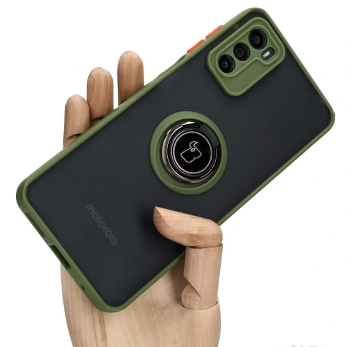 Etui z uchwytem na palec Bizon Case Hybrid Ring do Motorola Moto G42  przydymione z zieloną ramką