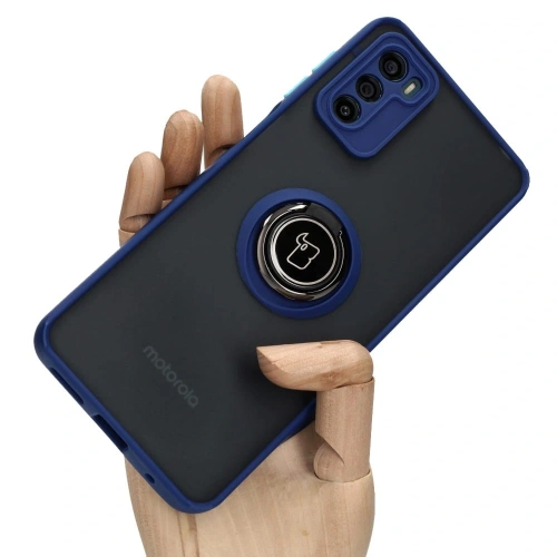 Etui z uchwytem na palec Bizon Case Hybrid Ring do Motorola Moto G42  przydymione z granatową ramką