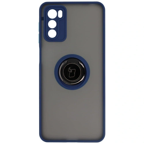 Etui z uchwytem na palec Bizon Case Hybrid Ring do Motorola Moto G42  przydymione z granatową ramką
